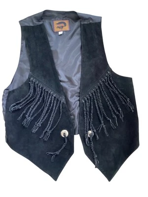 VTG Fox Run Leather Vest L Black Suede Western Waistcoat Cowboy  Braided Fringe - Image 1 of 4