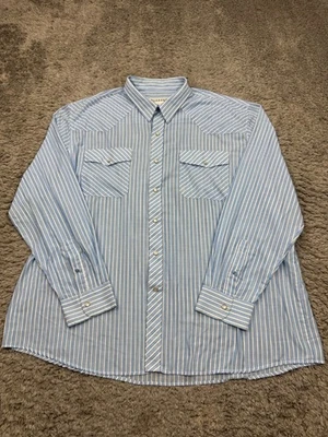 Duke Haband Shirt Men 2XL Blue Striped Western Sawtooth Pearl Snap Vtg 90s - Image 1 of 4