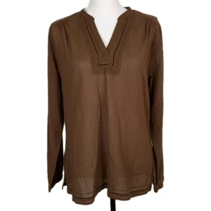 Eddie Bauer Cotton Gauze Tunic Blouse Brown Popover Sz L Peasant Boho Lagenlook - Picture 1 of 9
