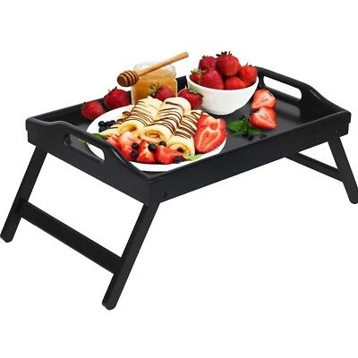 Platzsparendes Frühstückstablett aus Bambus mit klappbaren Beinen in Schwarz - Bild 1 von 2