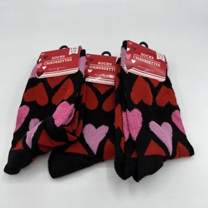 Greenbrier Ladies Heart Design Crew Socks Size 5-9 Black W/ Red Pink 3 Pairs - Picture 1 of 7