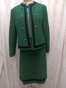Vintage 1960's Green Wool Black Velvet Austrian Wool Skirt Suit Medium - Picture 1 of 10