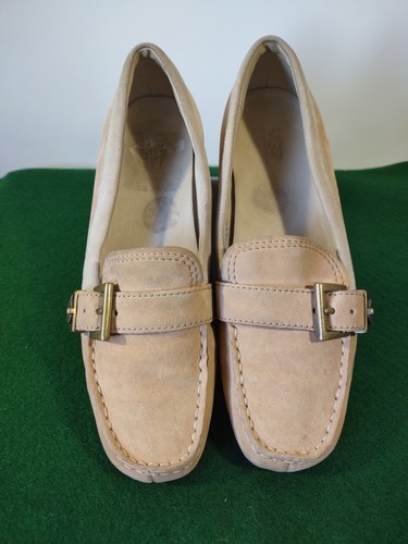 Mocassini da donna UGG scarpe da guida slip on marrone chiaro pelle scamosciata accento fibbia taglia 6 