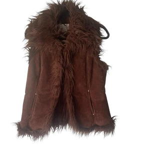 Live A Little Y2k Women's Medium Faux Fur Penny Lane Western Brown Leather Vest - Picture 1 of 8