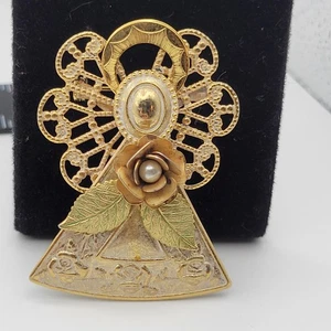 Broche Ángel Vintage Tono Dorado Filigrana Rosa Flor Perla Prendedor Joyería Religiosa - Imagen 1 de 8