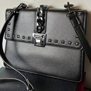 Badgley Mischka Black Gunmetal Studded Chain Detail City Goth Crossbody Bag - Picture 1 of 13