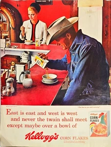 Kellogg's Corn Flakes Müsli East is West Cowboy Frühstück 1964 Vintage Print Ad - Bild 1 von 1
