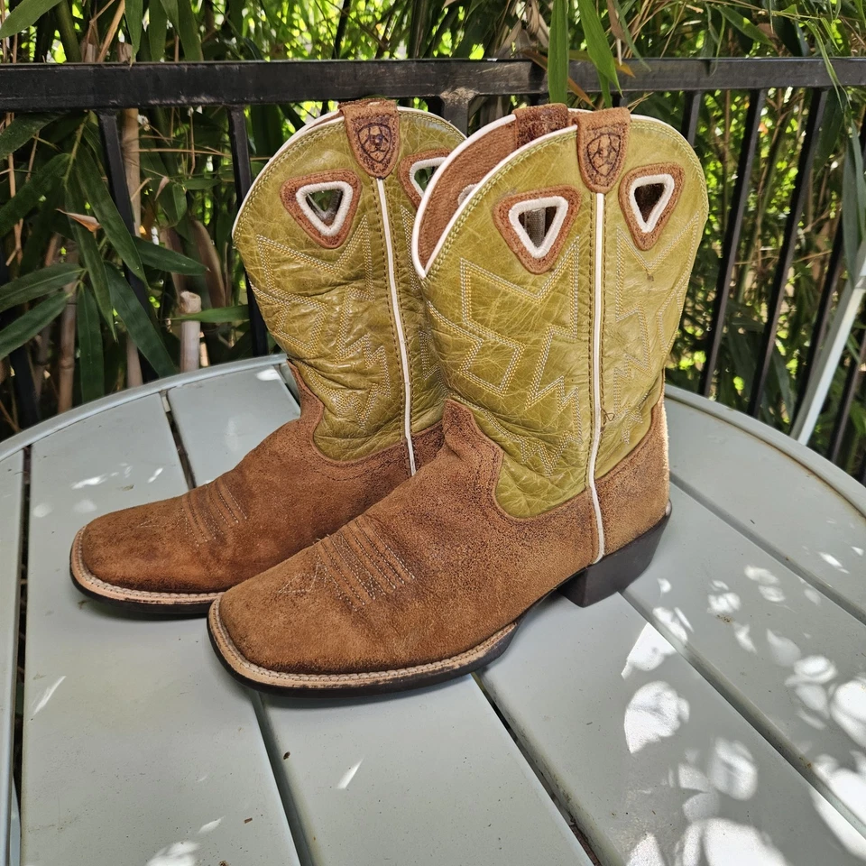 Botas Ariat Juveniles Talla 4 Mujer’s 6 Verde Marrón Cuero Puntera Cuadrada Vaquero Western Foto 1 de 4