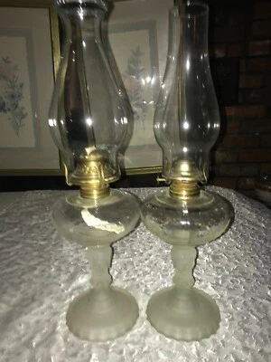 Antique RARE 2/Pair LG WRIGHT Duncan&Miller 3-FACE Sisters FROST GLASS Oil LAMP - Image 1 of 4