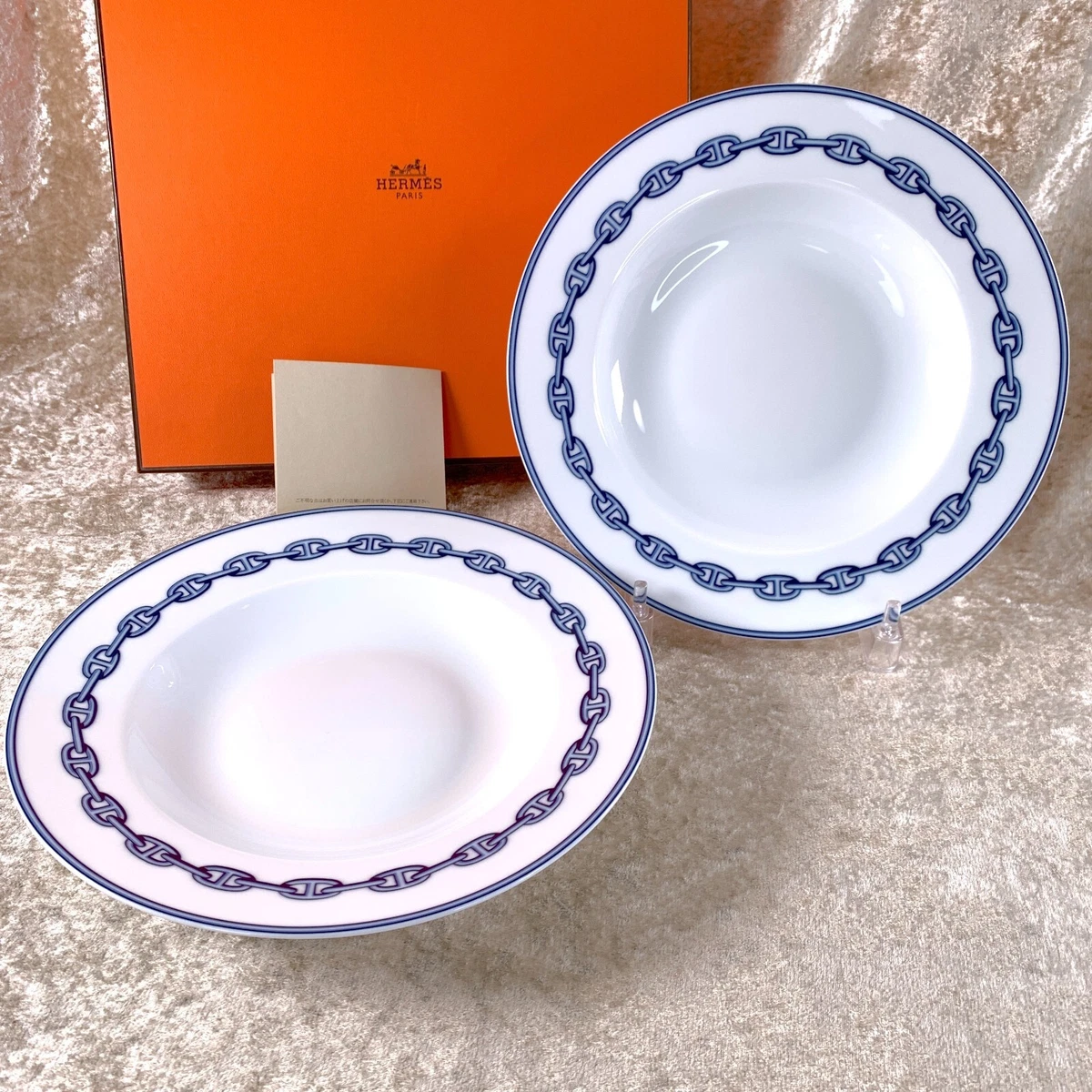 Hermes Soup Plate Chaine d'Ancre Blue Porcelain Tableware 22cm Set