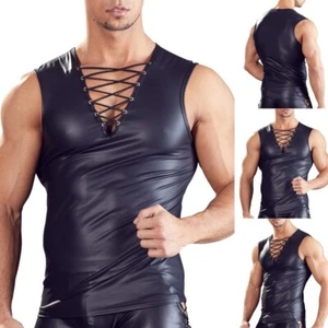 Mens Underwear Tights Black Faux Leather Sheer T-Shirt Sexy Vest Muscle Tank Top - Picture 1 of 7