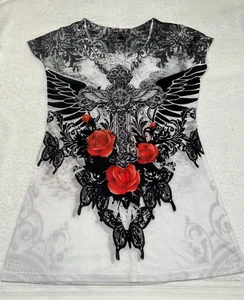 Rose Cross Wing Butterfly Scroll Print Sublimation Cap Sleeve Tee Top T-Shirt - Picture 1 of 2