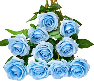 DuHouse Artificial Roses Fake Silk Flowers Bridal Bouquets with Single Long Blue - Picture 1 of 6