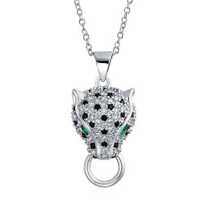 Black Panther Cat Green Eye Cubic Zirconia CZ Pendant Silver Plated