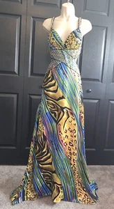 La Femme Silk Multi Animal Print Beaded Maxi Gown Open Back Size 0 - Picture 1 of 8
