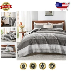 Elegant Dark Grey Striped Oversized King Quilt Set with 2 Pillow Cases - 128x120 - Picture 1 of 11