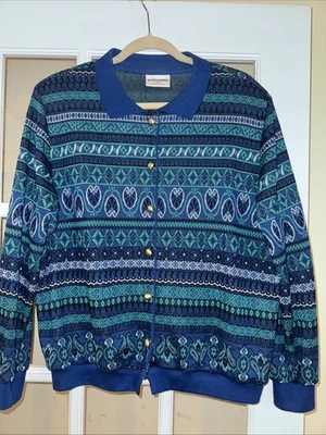 Cárdigan De Colección Alfred Dunner Para Mujer 1X Azul Verde Negro Geométrico Abuela Suéter Foto 1 de 4