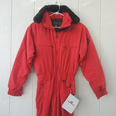VTG Obermeyer St Moritz Ski Suit Womens 8 Tall Red Zip Pocket Hooded  Snowboard  - Image 1 of 4