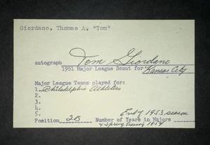 1953 A's: Tommy Giordano, firmado 3x5, fallecido 2019 - Imagen 1 de 2