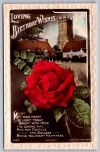 Amorosos deseos de cumpleaños, rosa, escena de pueblo, postal con foto real de J Beagles & Co - Imagen 1 de 2