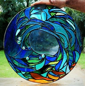 ' NAUTICAL WAVE ' ABSTRACT Authentic Australian Stained Glass DISK WINDOW / DOOR - Picture 1 of 12