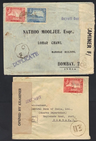 ADEN TO INDIA 1943 45 TWO ADEN CAMP CENSORED WAR TIME COVERS TO BOMBAY Cover