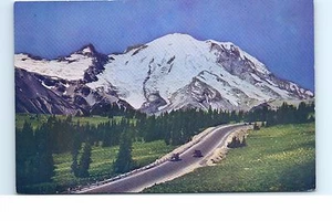 Unused Postcard Mt. Rainer with Emmon Glacier Sunrise Park WA Old Cars Road Snow - Picture 1 of 1