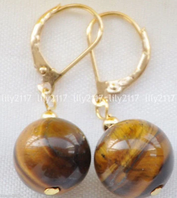 Pendientes colgantes naturales de 8-14 mm con gemas de ojo de tigre amarillo cuentas redondas de oro con palanca Foto 1 de 3
