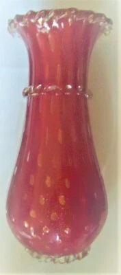 Murano Barovier Toso Ruby Glass vase ribbed with wavy trim 12"h: Flawless! - Image 1 of 4