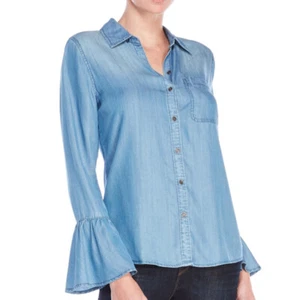 BeachLunchLounge Small S Chambray Lyocell Glockenärmel Button Down Shirt Oberteil Boho - Bild 1 von 5