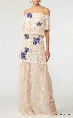 TADASHI SHOJI Corded Lace/Plisse Fleur Applique Gown Dress Size 8 in Ivory - Image 1 of 4