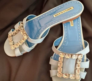 Manolo Blahnik Lluna Blue Crepe d Chine Crystal Embellished Flats Slides Size 40 - Picture 1 of 20