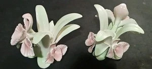 2 Vtg Fitz and Floyd Iris Candlesticks 1982 Candle Holder Set Pair Pink Green - Picture 1 of 6
