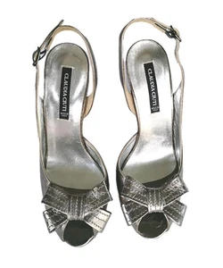 Claudia Ciuti Shoes 5.5 Silver Leather Vero Cuoio Italian Made Slingbacks Bow M - Picture 1 of 7