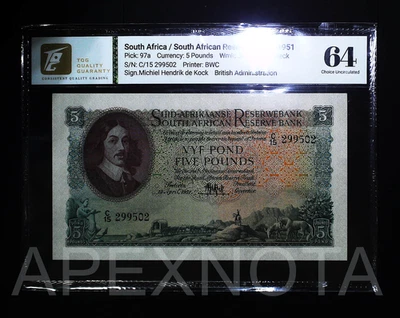 SOUTH AFRICA 5 POUND 1951 P97 CU 64 CHOICE UNC FIRST ISSUE BRITISH ADMIN C/15 - Image 1 of 2