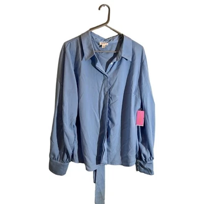 Riley & Rae Camille Blouze Top Women's Size XXL Icy Blue Tie Neck Core Bow NEW - Image 1 of 4
