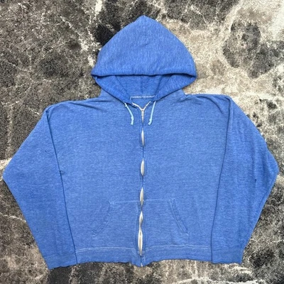 Moletom com capuz vintage masculino médio anos 60 anos 70 em branco melhor zíper azul desbotado - Imagem 1 de 4