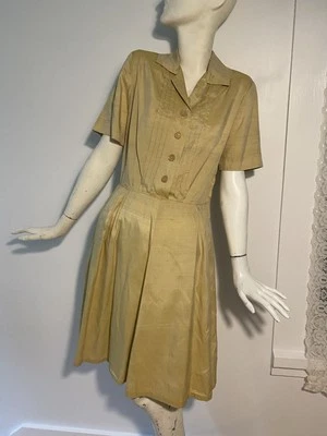 1940s VTG George Hess Originals Silk Shirt-Waist Day Dress Gold Short Sleeve 40s - Image 1 of 4