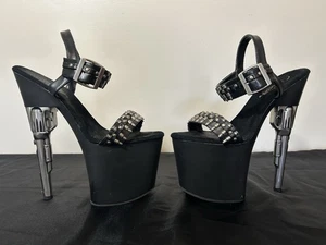 Pleaser Bondgirl 712 Womens Gun Barrel Heels Ankle Strap Platform Black Pewter - Picture 1 of 16