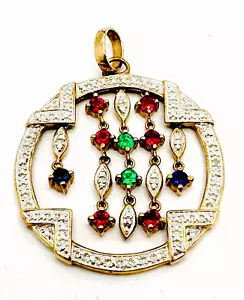 Vtg Ross Simons Ruby Emerald Diamond Dangle Round 925 14K Plated Pendant PRETTY - Picture 1 of 8