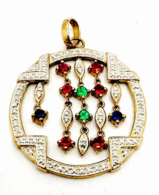 Vtg Ross Simons Ruby Emerald Diamond Dangle Round 925 14K Plated Pendant PRETTY - Image 1 of 4