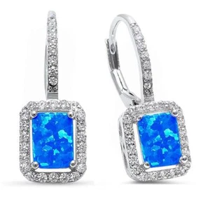 halo Radiant Shape Blue Opal & Cubic Zirconia .925 Sterling Silver Earrings - Picture 1 of 2