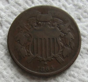 1864 Small Motto 2 Cent Piece Rare Key Date Variety Type Coin VG / Fine Brown - Picture 1 of 4