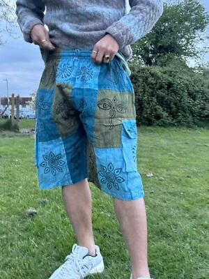 Unisex hippie patchwork stonewashed shorts 100% cotton fabric | Eco friendly - Image 1 of 4