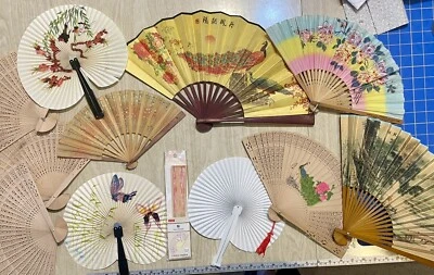 Folding hand fan collection: paper, wood, linen; various ages, styles, condition - Image 1 of 4