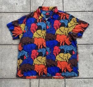 Tasso Elba Congo Graphic Camp Collar AOP Animal Silk Short Sleeve Shirt Vintage