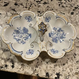 Antique 11" Gold Gilt & Cobalt Two Sided Porcelain Serving Tray Dish w/ Handle - Picture 1 of 5