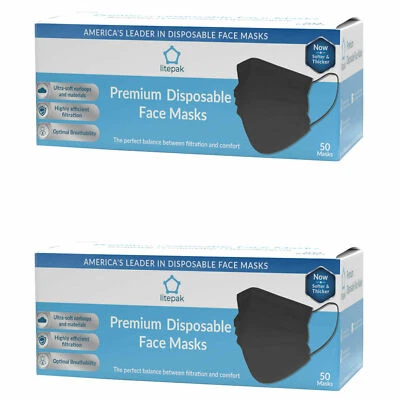 100pcs Litepak Black Disposable 3 Ply Face Mask SOFT Earloop Premium Mouth Cover - Image 1 of 3