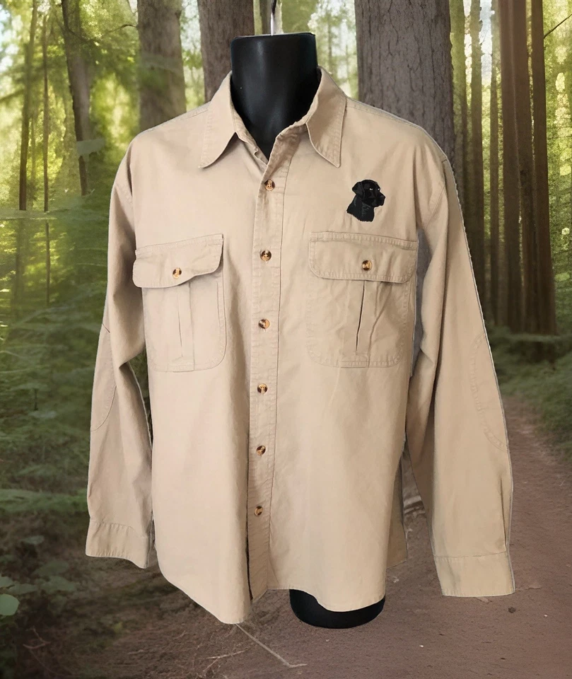Camisa vintage Cabela's caça cáqui botão para cima preta logotipo bordado cachorro laboratório - Imagem 1 de 4