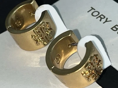 Tory Burch Earrings Gold Tone T-Monogram Huggie Jewelry Small Thick Hoops - Image 1 of 4